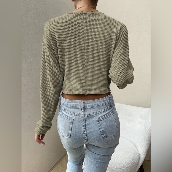 SHEIN Solid Drawstring Ruched Front Crop Top Olive Green Size Large - Picture 2 of 11